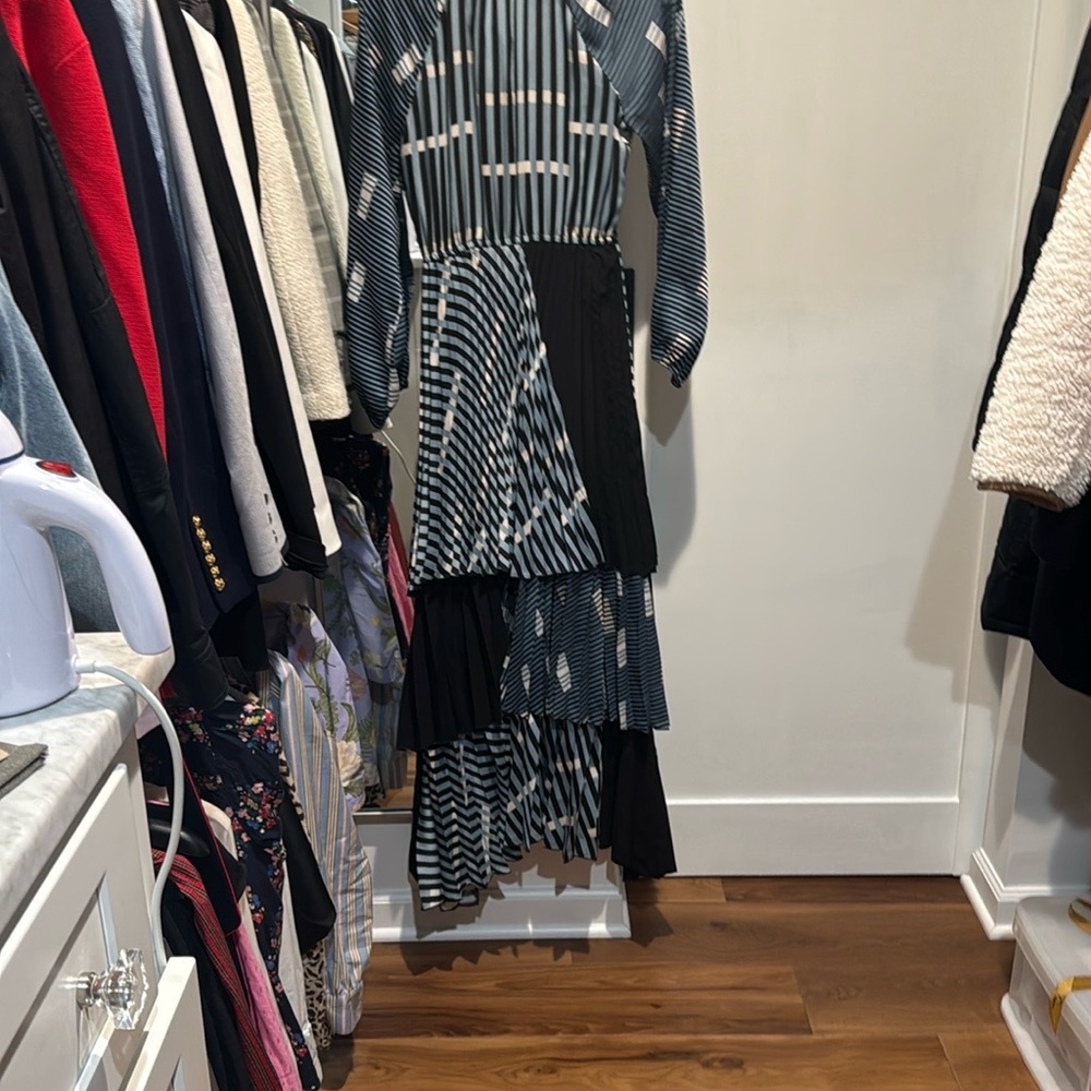 Striped Beatrice B Blue, Black and White Pleated Dress
